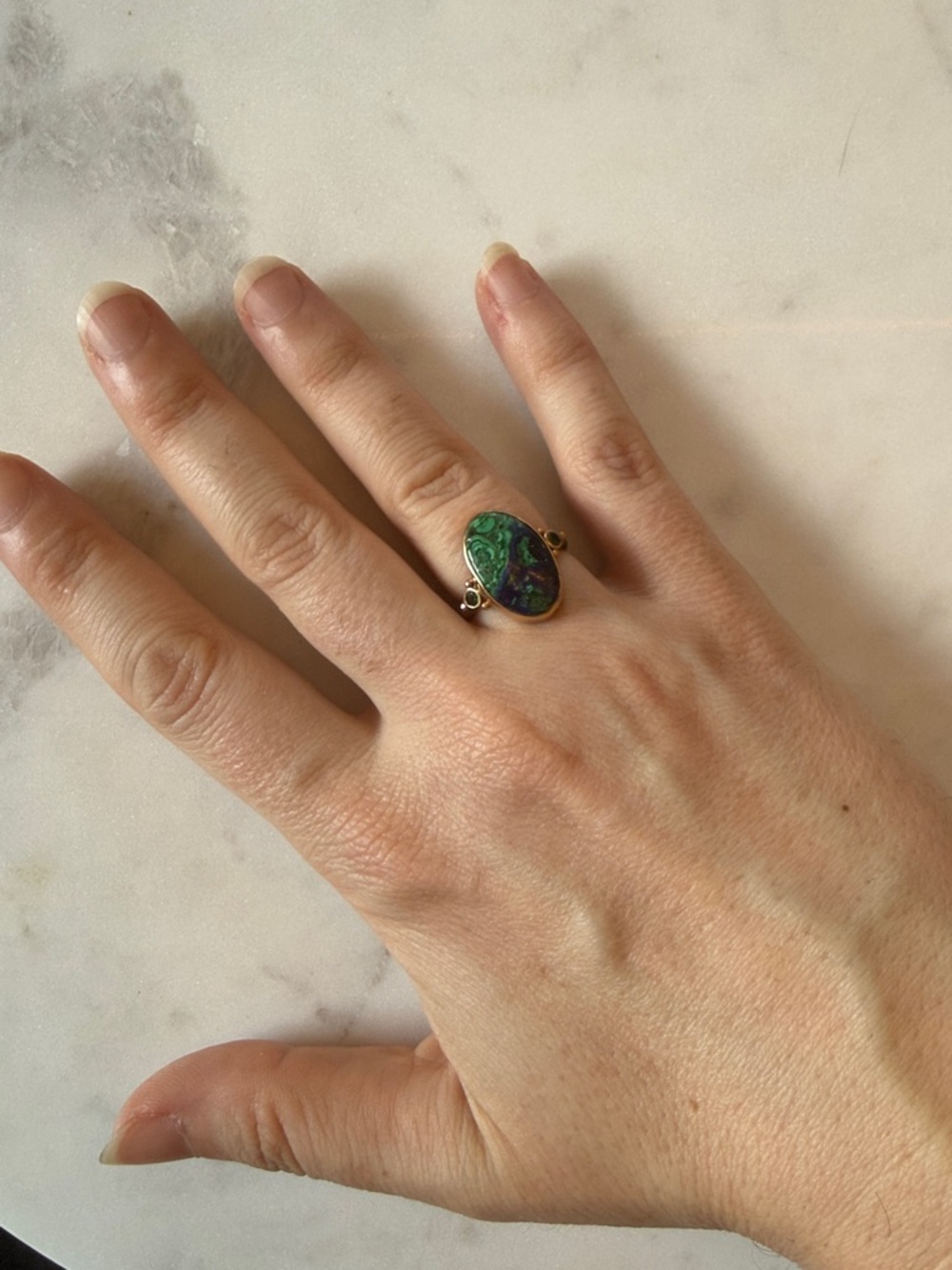 Emily Amey 14K Gold and Silver Azurite Malachite Ring w/ Tsavorite Garnets